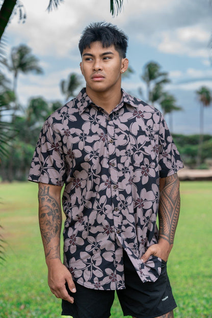 Koa Button Down Shirt - Black Plumeria